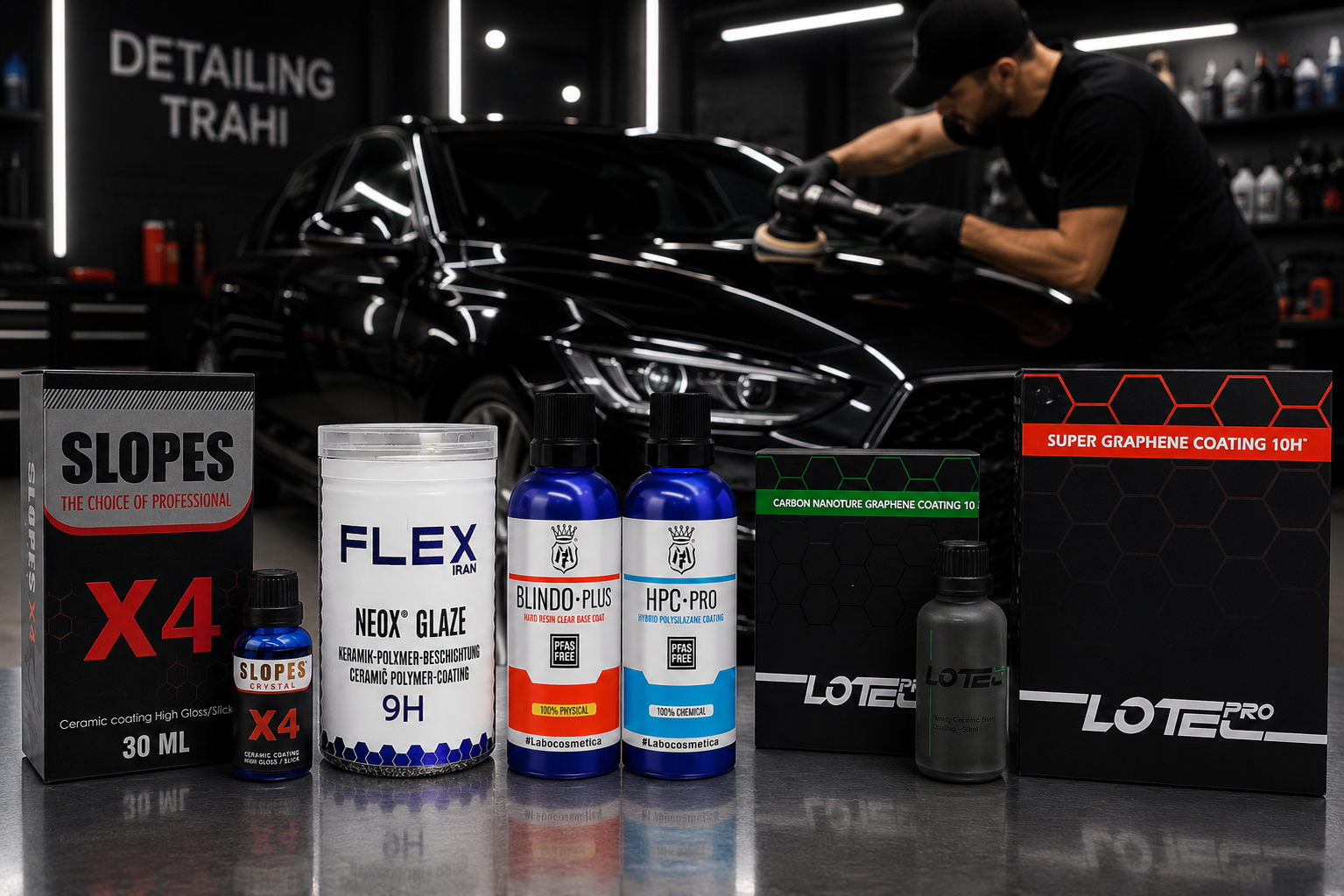 مجموعه‌ای از محصولات سرامیک خودرو شامل SLOPES X4، FLEX NEOX GLAZE، Labocosmetica HPC Pro، Labocosmetica Blindo Plus و LOTEC PRO در محیط حرفه‌ای دیتیلینگ خودرو در حال پولیش و آماده‌سازی بدنه.